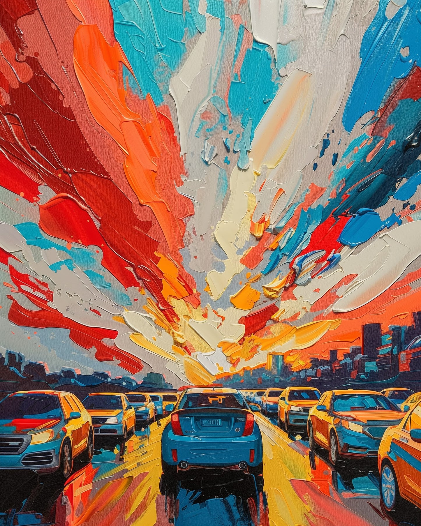 A vibrant paint-by-numbers scene titled 'Sunset Traffic Splendor' by miicreative. Showcasing a beautiful sunset sky with orange, blue, and red hues reflecting over a line of cars, this kit inspires mindfulness and creativity.