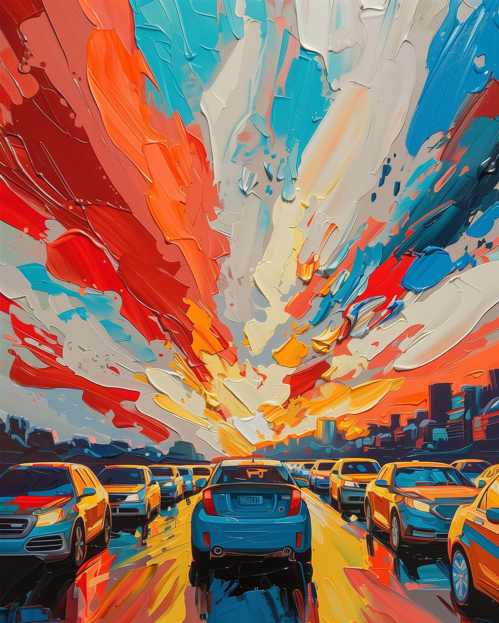 A vibrant paint-by-numbers scene titled 'Sunset Traffic Splendor' by miicreative. Showcasing a beautiful sunset sky with orange, blue, and red hues reflecting over a line of cars, this kit inspires mindfulness and creativity.