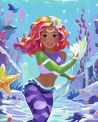 Magical underwater scene with a playful mermaid and lively ocean colors by miicreative. Perfect for stress relief and creativity with the Colorful Mermaid Adventure - Kids kit.