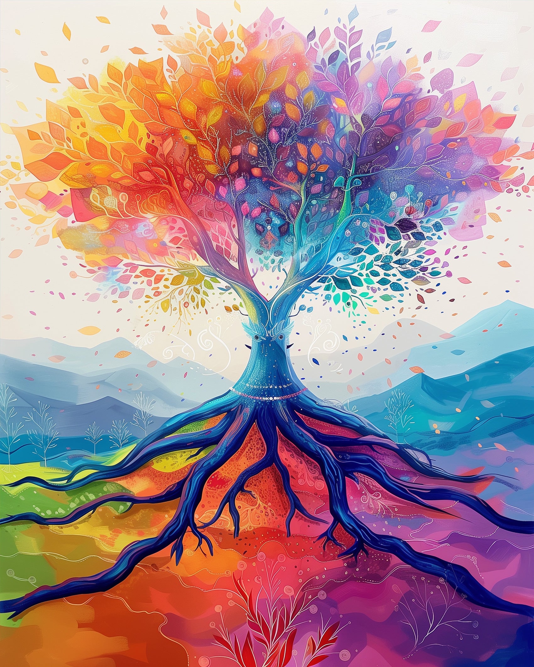 A vibrant paint-by-numbers kit titled 'Colorful Roots of Serenity - Meditation' by miicreative, featuring a multicolored tree with dynamic roots set against a calming natural backdrop, highlighting mindfulness and creativity.
