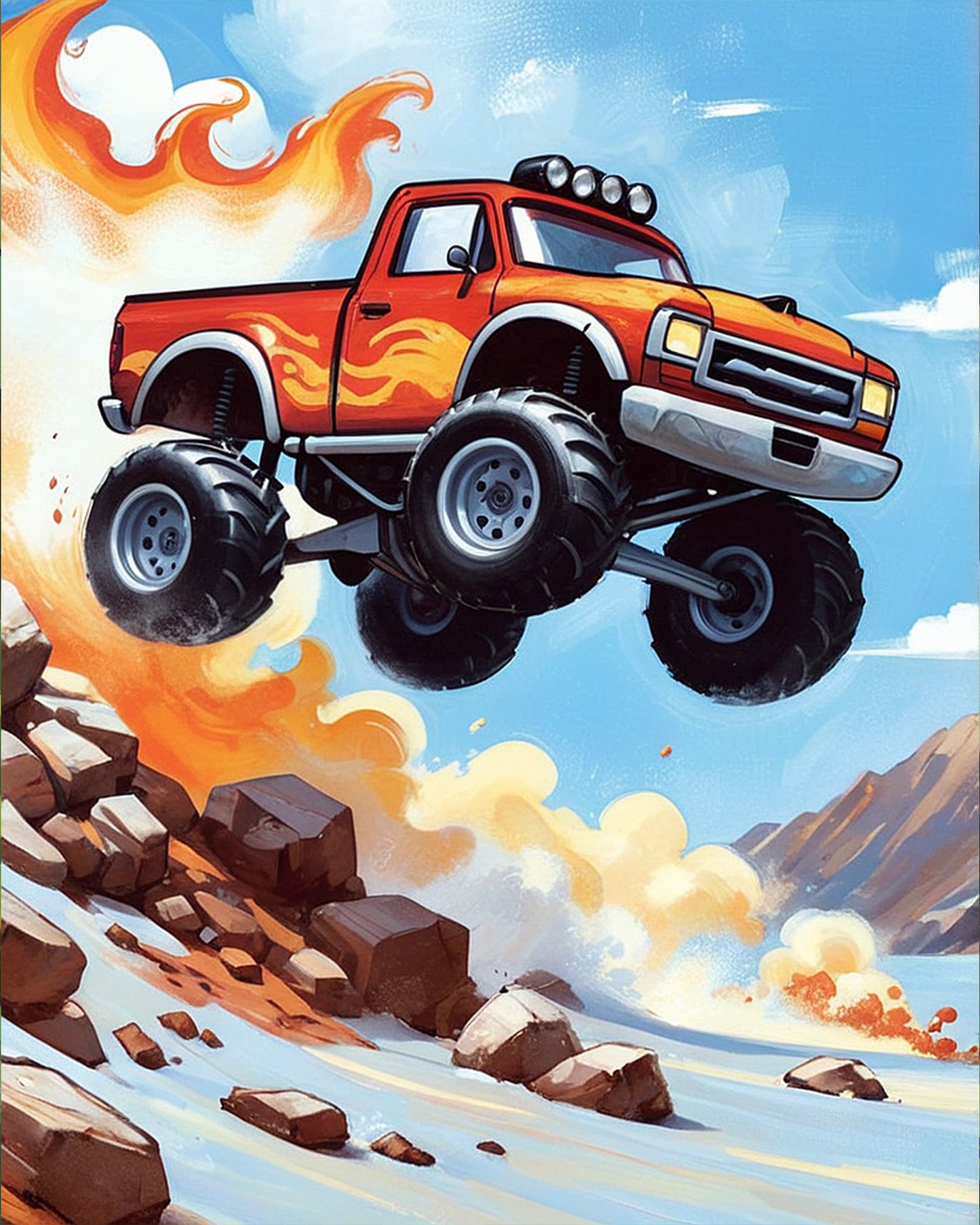 Kids paint by numbers kit called Monster Truck Adventure from miicreative. Captures an exciting truck jump scene with flames, enhancing creativity and focus.