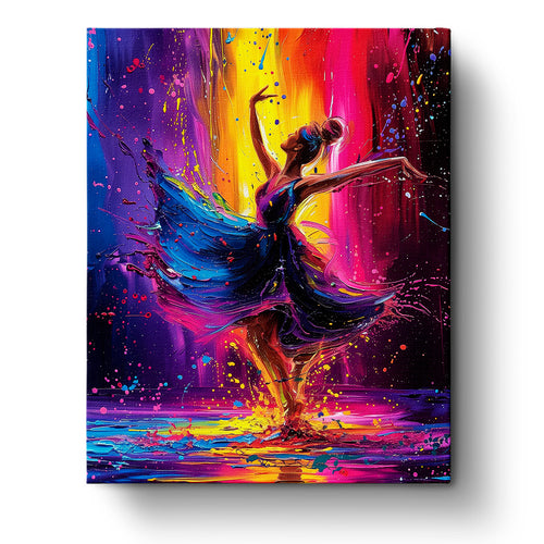 Dancer of Vibrance - Meditation by miicreative. A colorful depiction of a dancing figure amidst vibrant splashes of purple, yellow, and pink. This kit embodies mindfulness and creativity.