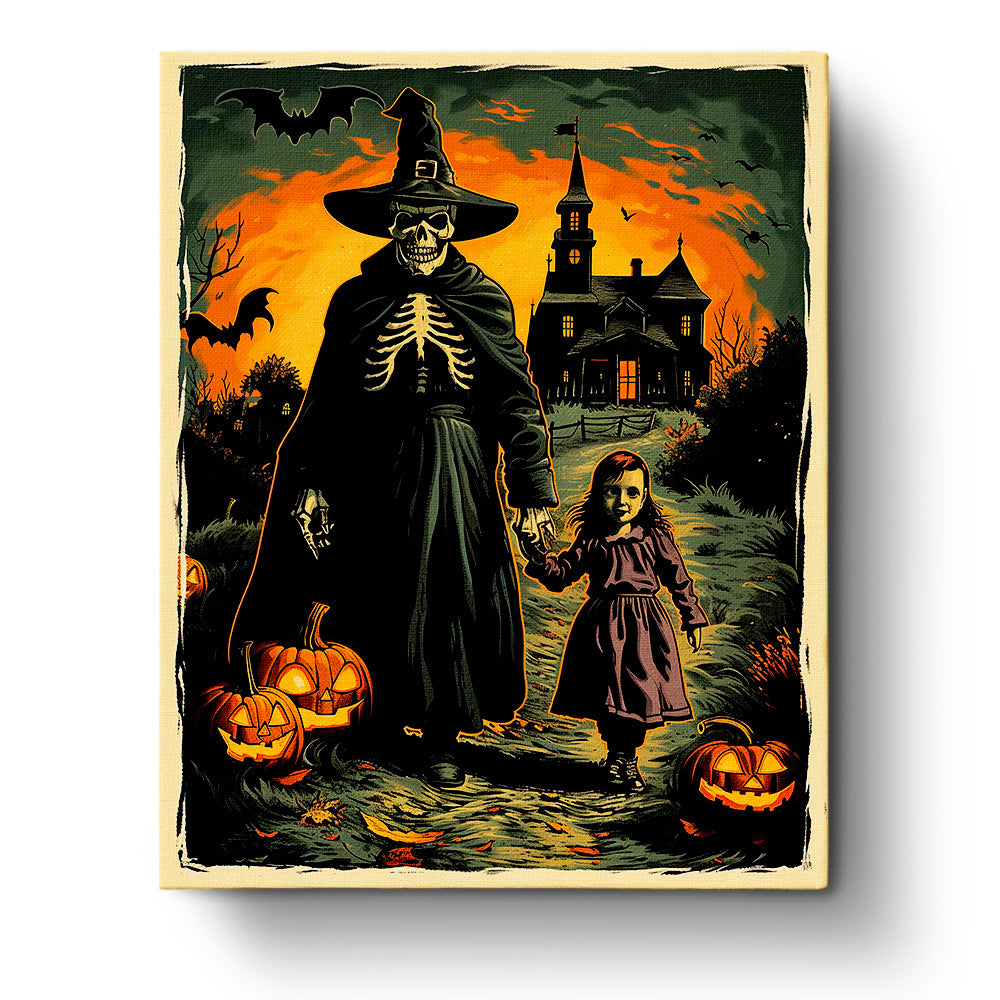 The image shows a Skeleton Witch with Child in front of a haunted house, surrounded by pumpkins under a spooky orange and green sky. This miicreative paint by numbers kit emphasizes creativity and mindfulness, capturing the Halloween spirit.