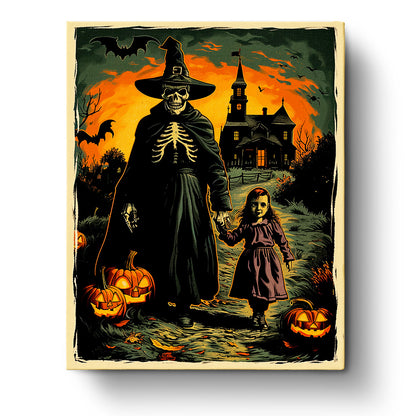 The image shows a Skeleton Witch with Child in front of a haunted house, surrounded by pumpkins under a spooky orange and green sky. This miicreative paint by numbers kit emphasizes creativity and mindfulness, capturing the Halloween spirit.