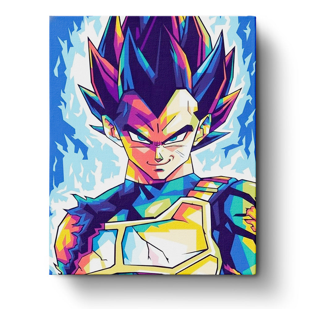 Vegeta from Dragon Ball Z in vibrant colors, miicreative kit. Captures his power aura, promoting focus and mindfulness through painting.