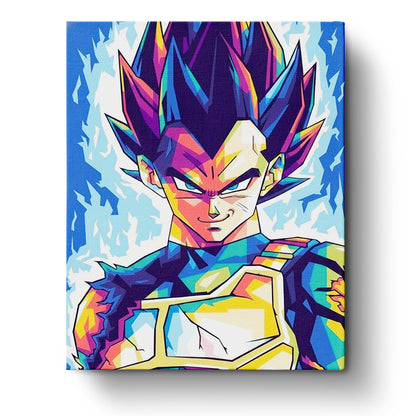 Vegeta from Dragon Ball Z in vibrant colors, miicreative kit. Captures his power aura, promoting focus and mindfulness through painting.