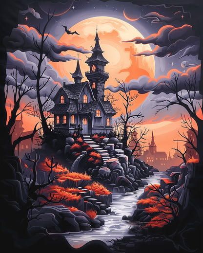 Paint by numbers fixed kit titled 'Haunted House Escape - Halloween' by miicreative. Features a spooky haunted house under a full moon with vivid orange, black, and gray hues. Emphasizes mindfulness and creativity.