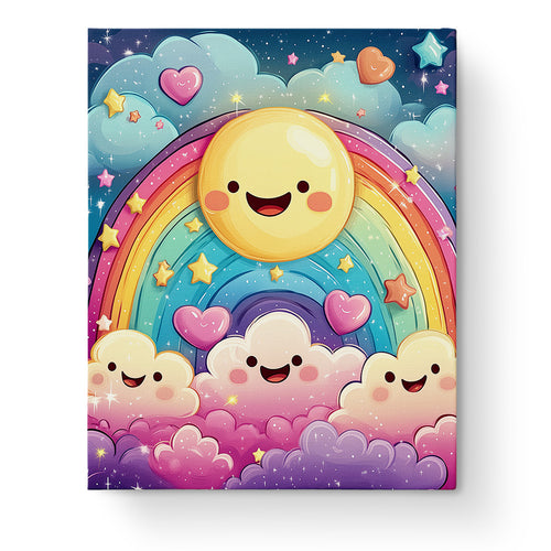 Rainbow Celebration paint by numbers kit by miicreative. Features smiling sun and clouds with colorful rainbow and stars, promoting focus and mindfulness.
