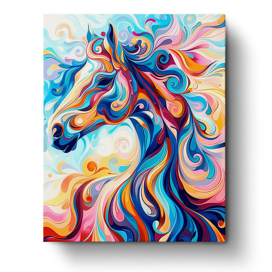 A dynamic image of a colorful, swirling horse titled Vibrant Horse Dream - Abstract Animals by miicreative. The vibrant blues, oranges, and pinks create a mesmerizing and meditative art experience.