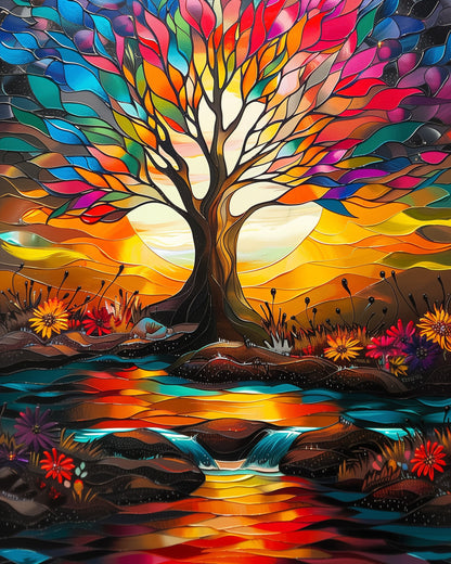 A vibrant tree of life with colorful leaves against a setting sun, part of the miicreative Meditation collection. The vivid colors emphasize creativity and mindfulness.