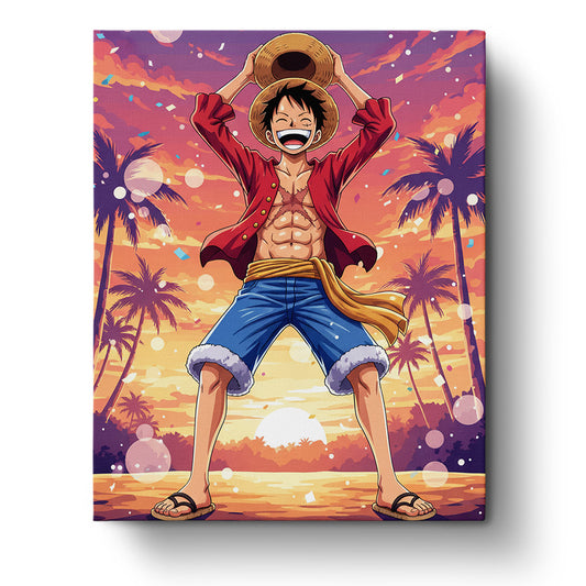 Monkey D. Luffy celebrating on a beach at sunset, miicreative kit, highlighting focus and mindfulness through painting.