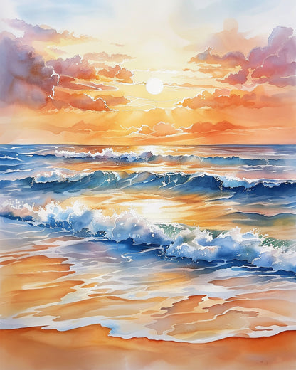 Peaceful seaside sunset scene by miicreative, perfect for focus and relaxation, featuring crashing waves and glowing skies.