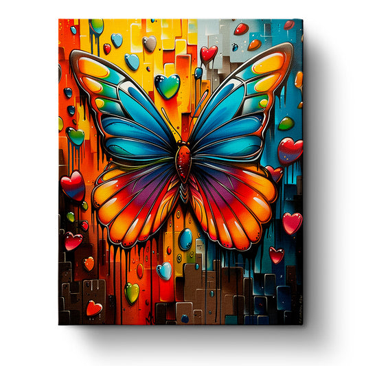 Vivid Butterfly Dreams - Meditation by miicreative features a vibrant butterfly with colorful wings amidst a background of floating hearts, symbolizing mindfulness and creativity.