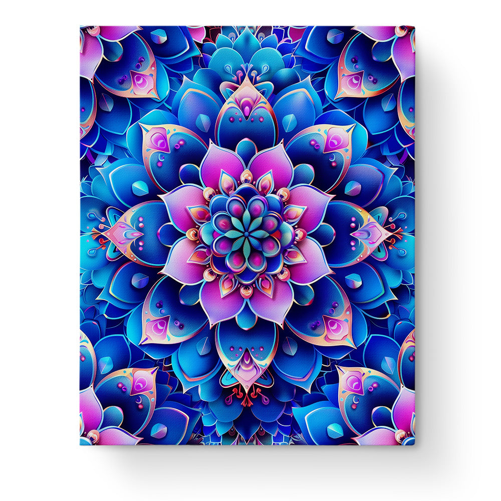 Serene Blue & Pink Mandala from miicreative, featuring intricate floral patterns with vibrant blue and pink hues. Ideal for boosting creativity and mindfulness.