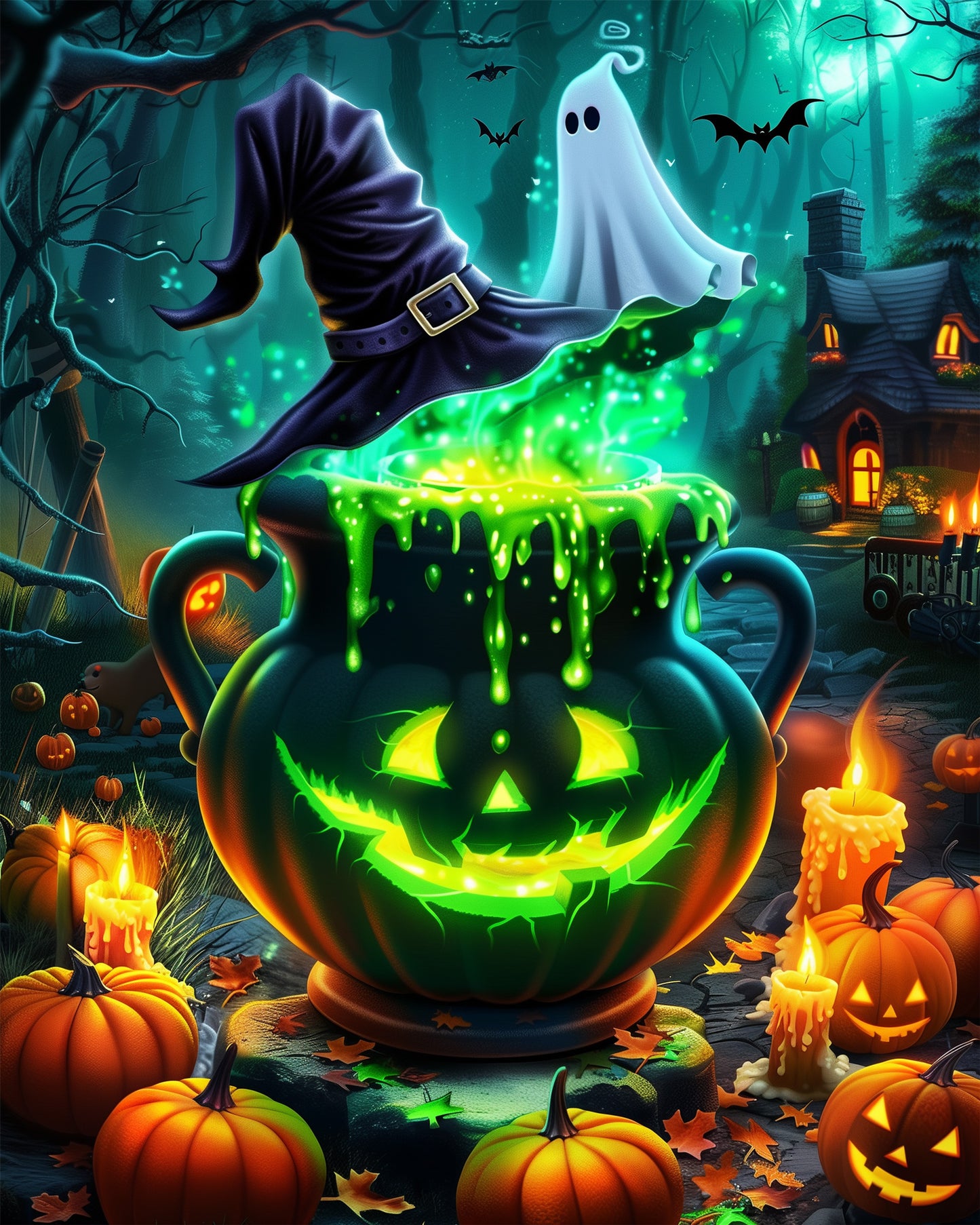 A vibrant paint by numbers kit titled 'Witch's Brew Cauldron - Halloween' by miicreative, featuring a glowing cauldron with green potion, surrounded by pumpkins and a ghostly witch's hat. Emphasizes creativity and mindfulness with mystical colors.