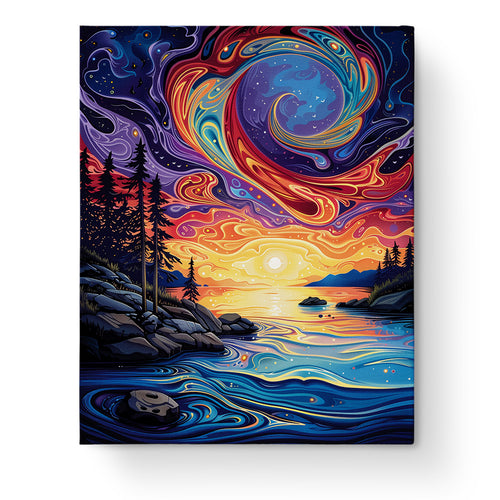 Cosmic Sunset Serenity by miicreative, a paint by numbers kit featuring a swirling sky with vibrant colors over a tranquil sea landscape. Perfect for mindfulness and creative focus.