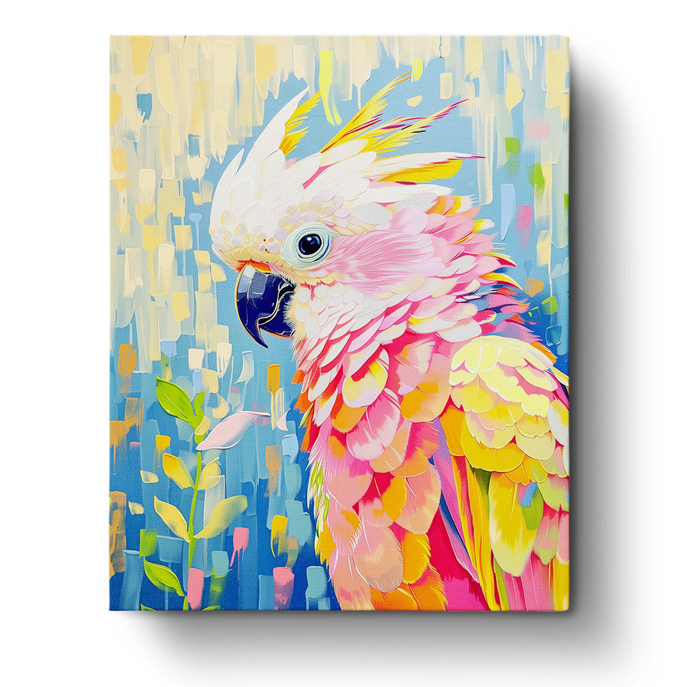 A vibrant parrot bursting with colorful feathers on a textured background, embodying the Vibrant Parrot - Abstract Animals by miicreative. Perfectly designed for mindfulness and creativity.