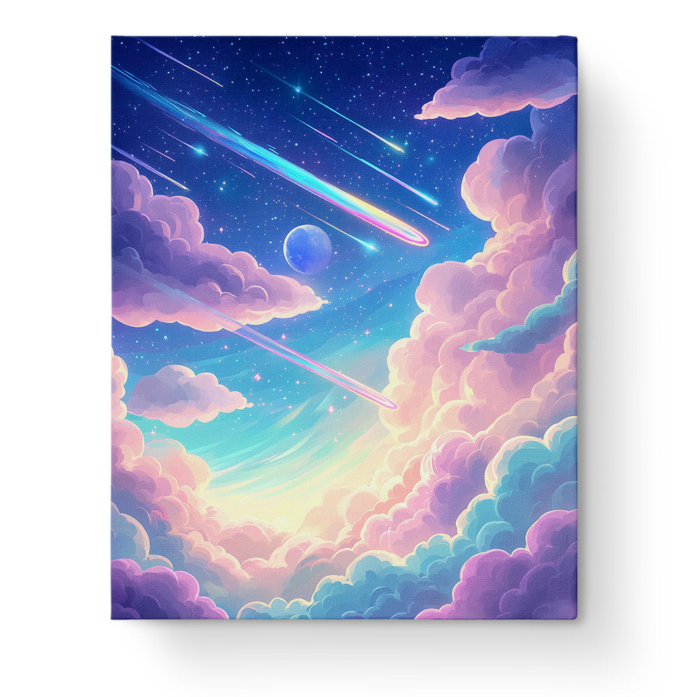 Stardust Dreams by miicreative featuring a cosmic sky with shooting stars and vibrant clouds, perfect for mindfulness and relaxation in painting experience.