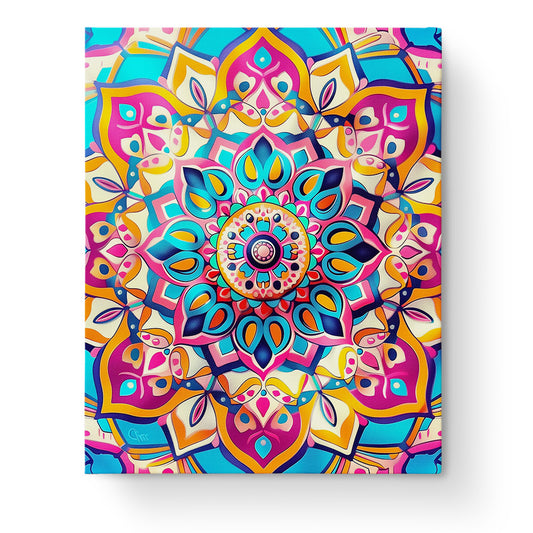 Vibrant Mandala Harmony - Meditation by miicreative. A colorful mandala design featuring pink, blue, and orange hues, inspiring mindfulness and creativity through intricate patterns.