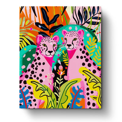 Vibrant painting of two pink cheetahs surrounded by bold, colorful leaves and abstract designs emphasizing mindfulness and creativity. Product: Pink Cheetahs in the Jungle - Abstract Animals. Brand: miicreative.