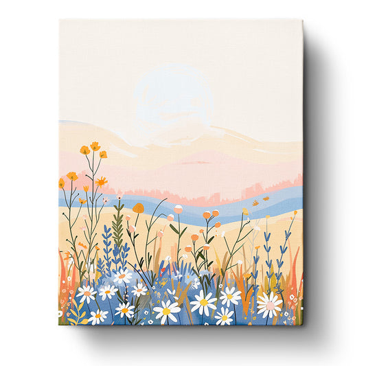 Sunset Wildflowers paint by numbers kit from miicreative. A serene depiction of wildflowers against a pastel sunset. Perfect for mindfulness and artistic creativity.