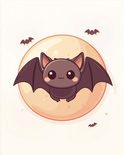 Charming bat under a full moon with the product Cute Bat in Moonlight - Halloween by miicreative, ideal for stress relief and creative exploration.