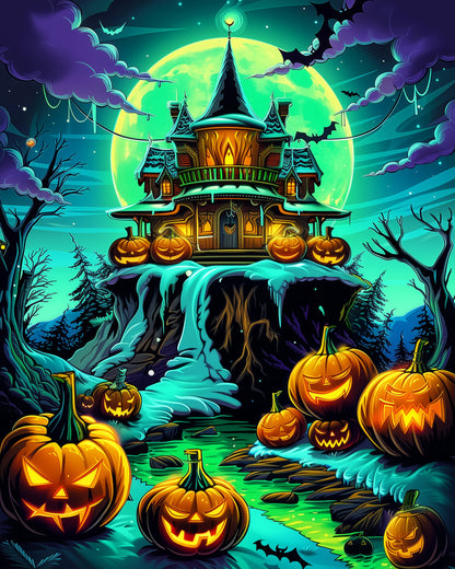 Illustration of a spooky haunted house with glowing jack-o'-lanterns and a full moon by miicreative. Captures vibrant Halloween colors and offers a meditative painting experience.