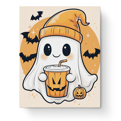 miicreative's Playful Ghost with Pumpkin Cup image features a cute ghost holding a pumpkin cup. Perfect for mindfulness and creativity.