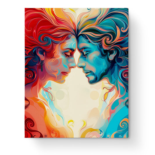 Vibrant swirling colors depicting two faces in harmony, featured in the Harmony of Souls - Meditation kit by miicreative. Emphasizes mindfulness and creativity.