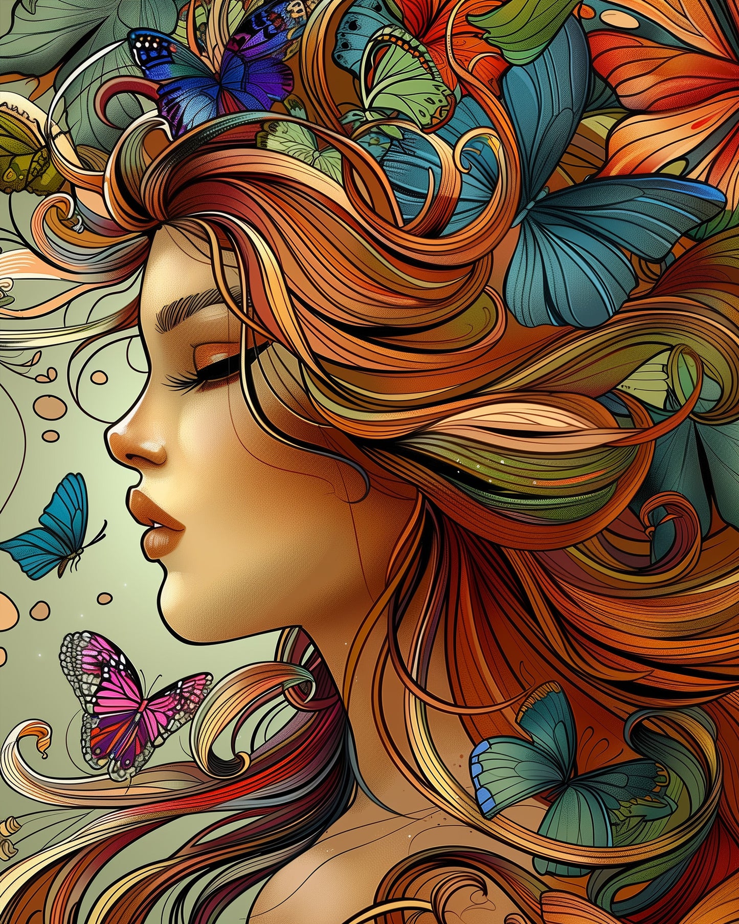 A captivating paint by numbers kit from miicreative's Bohemian Vibes collection, featuring a woman's profile with flowing hair intertwined with vivid butterflies, evoking creativity and mindfulness.