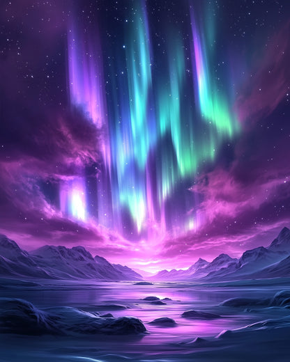 Experience the calm of miicreative's Aurora Borealis kit, featuring stunning northern lights over a tranquil landscape. Ideal for stress relief.