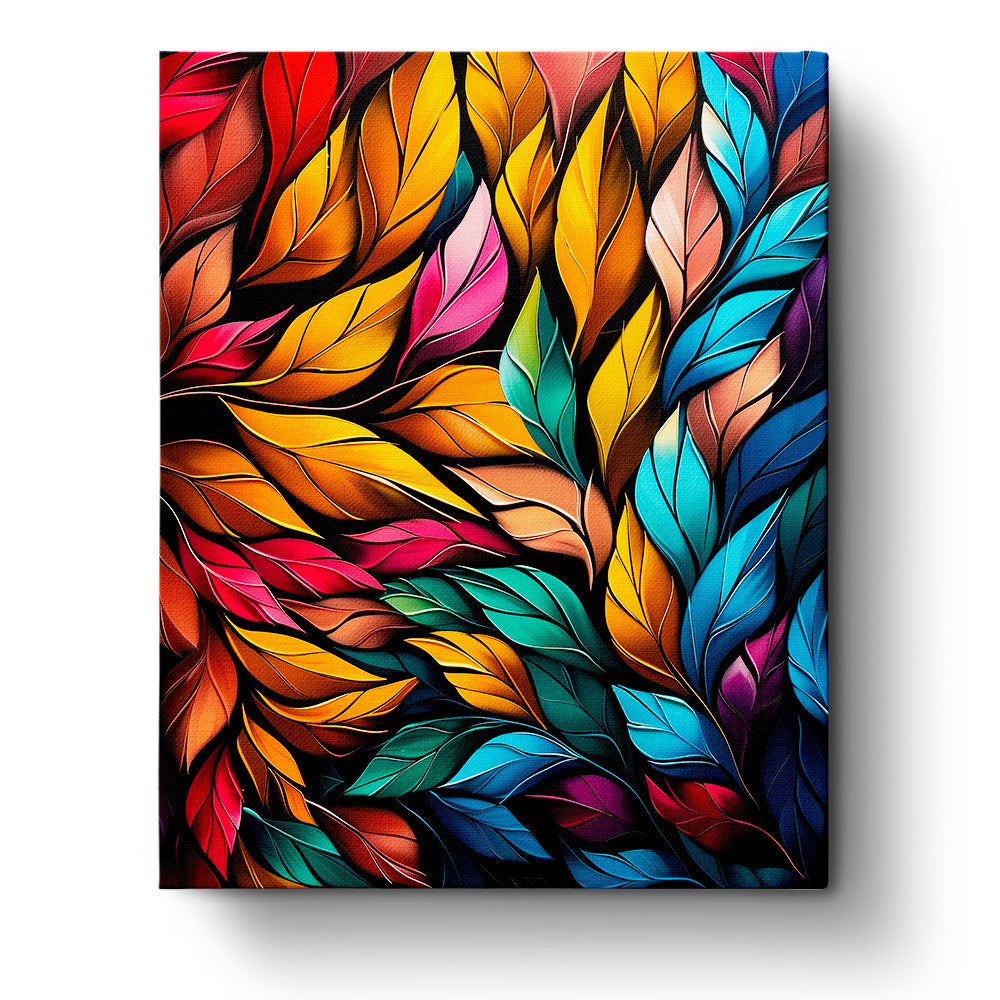 Bright, multicolored leaves in the paint by numbers kit 'Vibrant Leaf Harmony - Meditation' by miicreative. The vivid oranges, blues, and reds evoke creativity and mindfulness.