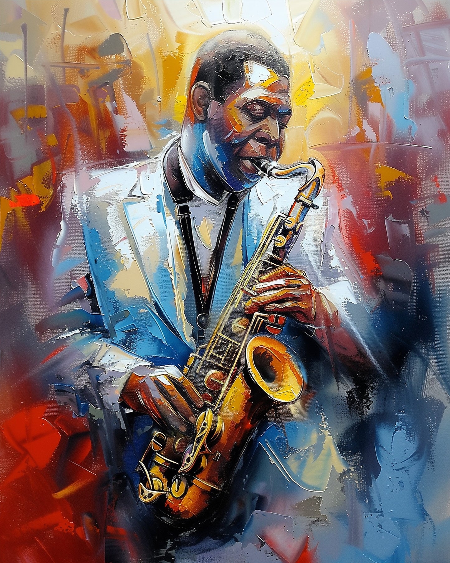 miicreative Jazz Saxophonist Art Kit featuring a vibrant painting of a musician playing the saxophone. Rich blues and oranges capture the essence of jazz, enhancing mindfulness and creativity through this paint by numbers experience.