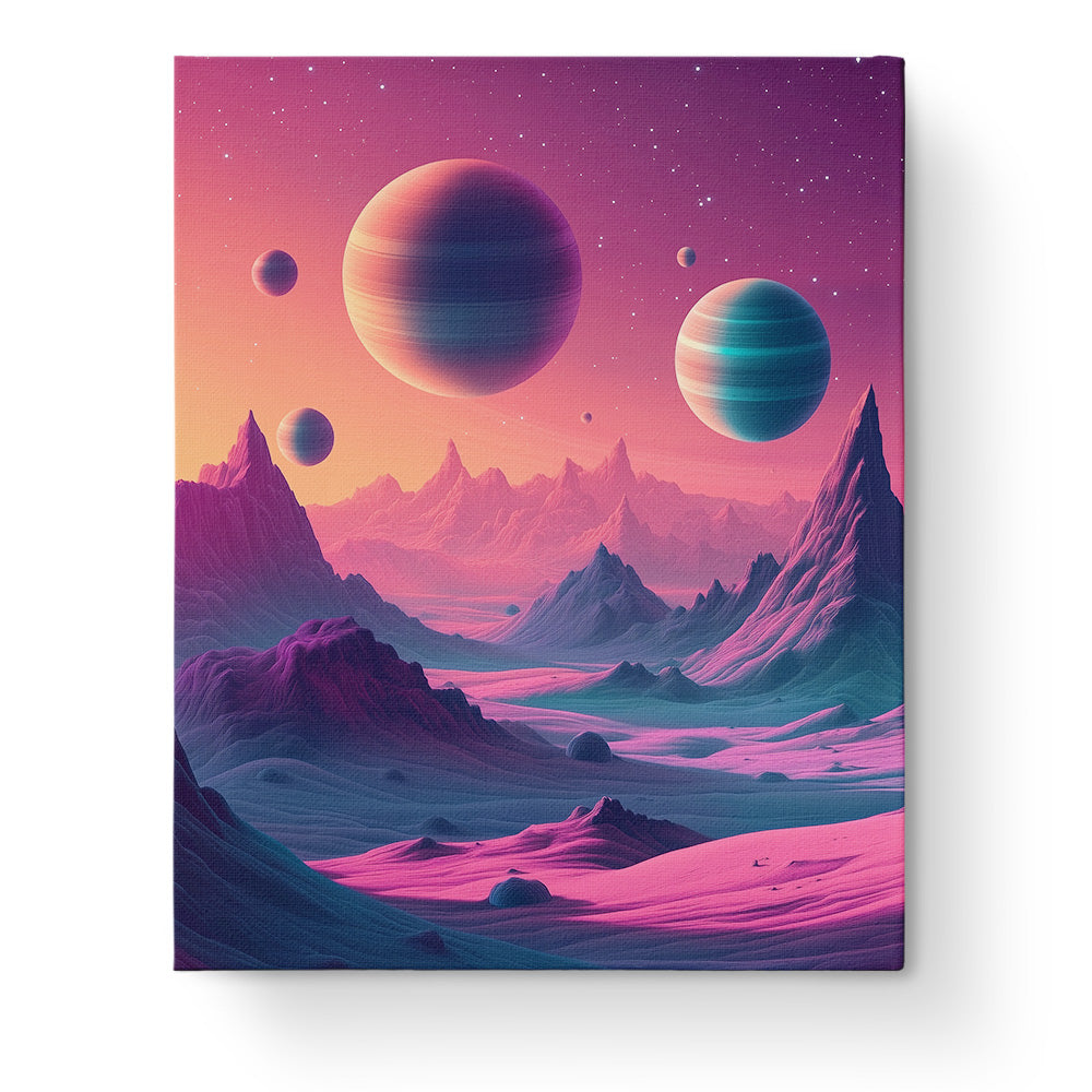 Cosmic Planetary Vista miicreative kit showcases serene galaxy landscape with colorful planets and majestic mountains, promoting mindful painting experience.
