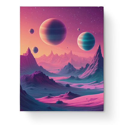 Cosmic Planetary Vista miicreative kit showcases serene galaxy landscape with colorful planets and majestic mountains, promoting mindful painting experience.
