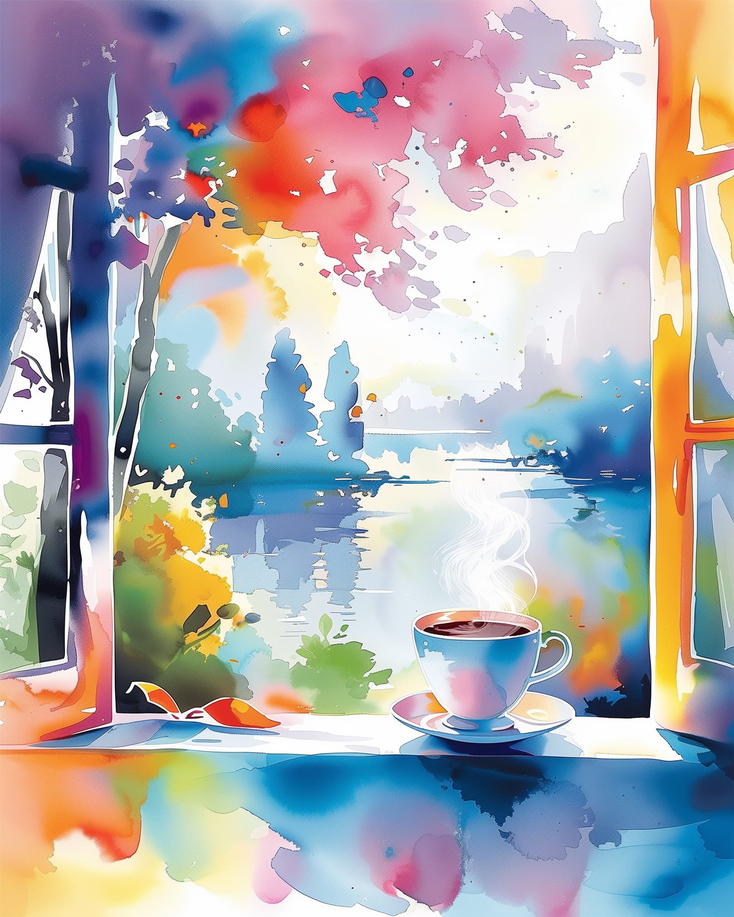 Miicreative's Morning Serenity Scene paint by numbers kit from the Bohemian Vibes collection. Features a colorful, meditative scene of a steaming cup of coffee by an open window with a vivid, watercolor landscape view. Embrace creativity and mindfulness with this kit.