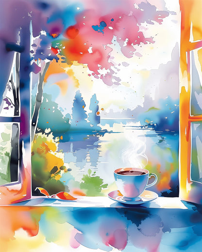 Miicreative's Morning Serenity Scene paint by numbers kit from the Bohemian Vibes collection. Features a colorful, meditative scene of a steaming cup of coffee by an open window with a vivid, watercolor landscape view. Embrace creativity and mindfulness with this kit.