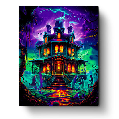 A vibrant haunted mansion with glowing windows under a stormy sky, featuring ghosts in the foreground. Product title: Haunted Mansion Glow - Halloween by miicreative. Highlights creativity and mindfulness with vivid neon colors.