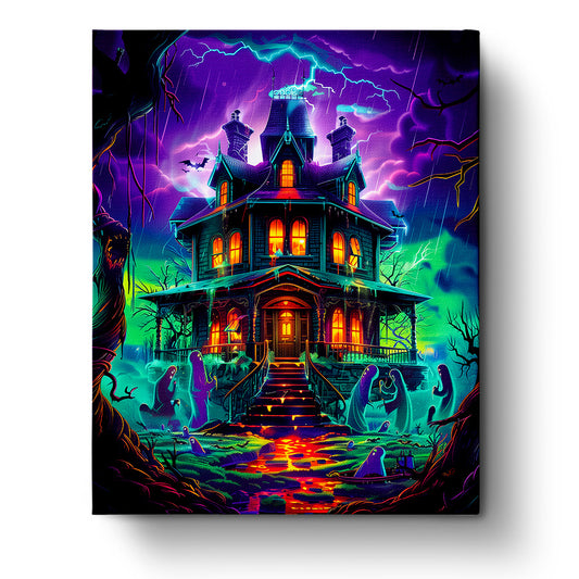 A vibrant haunted mansion with glowing windows under a stormy sky, featuring ghosts in the foreground. Product title: Haunted Mansion Glow - Halloween by miicreative. Highlights creativity and mindfulness with vivid neon colors.
