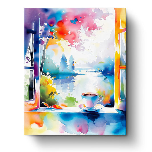 Miicreative's Morning Serenity Scene paint by numbers kit from the Bohemian Vibes collection. Features a colorful, meditative scene of a steaming cup of coffee by an open window with a vivid, watercolor landscape view. Embrace creativity and mindfulness with this kit.