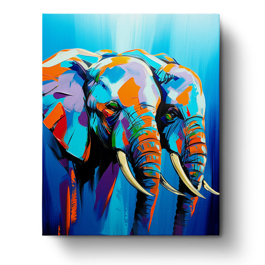 Vibrant Elephant - Abstract Animals paint by numbers kit by miicreative. Features a colorful, abstract elephant with vivid blues, oranges, and purples, ideal for enhancing mindfulness and creativity.