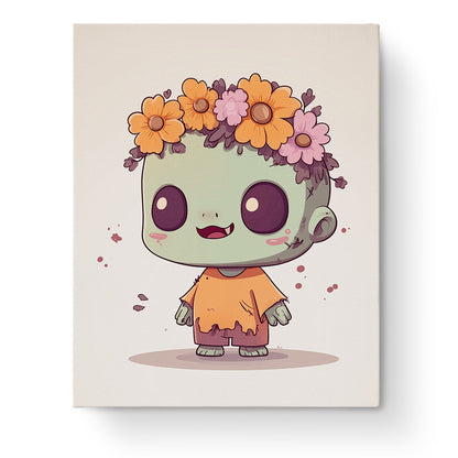 Adorable green zombie with flower crown by miicreative. Perfect for mindful painting and creativity. Fun Halloween-themed paint by numbers kit.