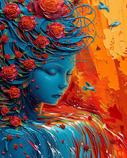 miicreative's Soulful Serenity - Meditation kit shows a tranquil blue figure surrounded by vibrant roses against a warm background. This paint by numbers kit inspires creativity and mindfulness.