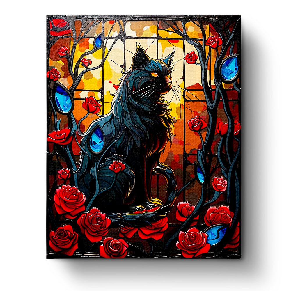 Mystical Black Cat and Roses - Halloween kit by miicreative. This image features a majestic black cat surrounded by vivid red roses and striking blue gemstones, set against a warm autumn backdrop. Perfect for enhancing mindfulness and creativity.
