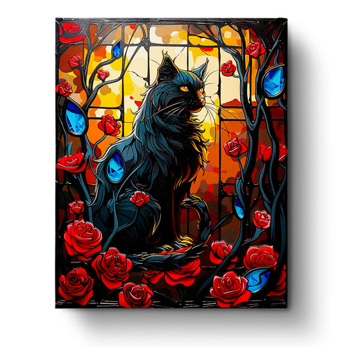 Mystical Black Cat and Roses - Halloween kit by miicreative. This image features a majestic black cat surrounded by vivid red roses and striking blue gemstones, set against a warm autumn backdrop. Perfect for enhancing mindfulness and creativity.