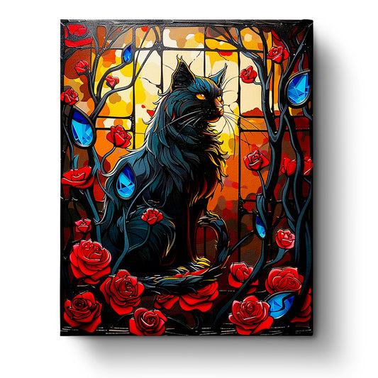 Mystical Black Cat and Roses - Halloween kit by miicreative. This image features a majestic black cat surrounded by vivid red roses and striking blue gemstones, set against a warm autumn backdrop. Perfect for enhancing mindfulness and creativity.