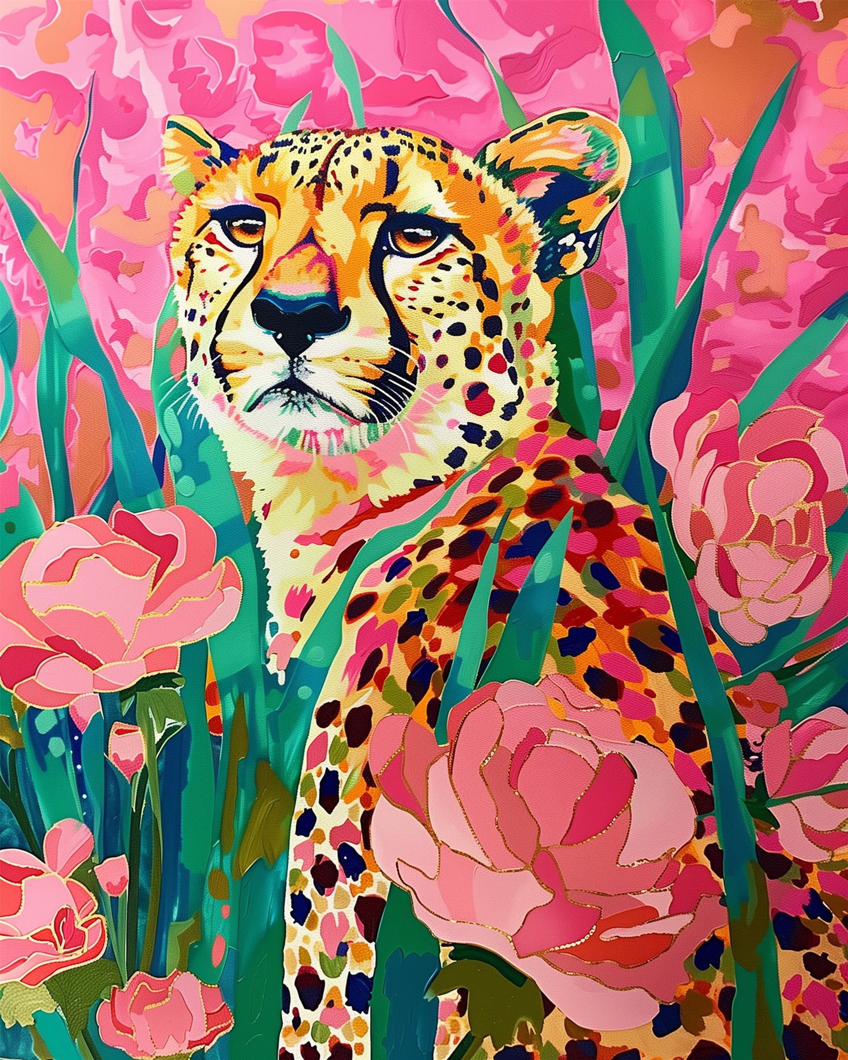 A vibrant Floral Cheetah design featuring a cheetah amidst pink and green foliage, showcasing artistic brushstrokes by miicreative. Experience creativity and mindfulness with this Abstract Animals paint by numbers kit.