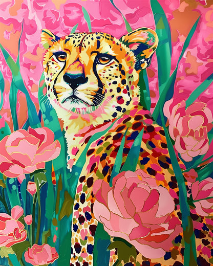 A vibrant Floral Cheetah design featuring a cheetah amidst pink and green foliage, showcasing artistic brushstrokes by miicreative. Experience creativity and mindfulness with this Abstract Animals paint by numbers kit.