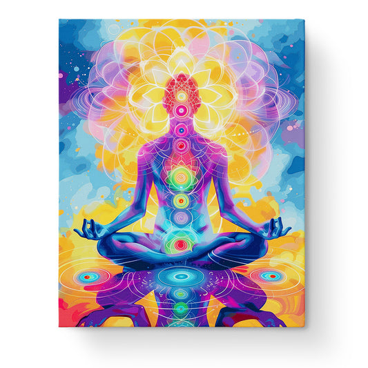 A vibrant image of a meditator with colorful chakras glowing in a radiant aura, featuring the Chakra Balance - Meditation kit and the miicreative brand. Perfect for exploring mindfulness and creativity.