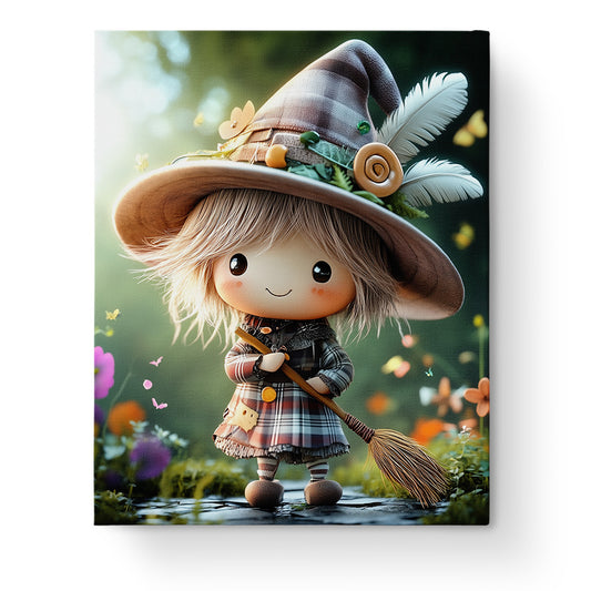 miicreative Charming Witch Kid - Halloween paint by numbers kit showcasing a cute witch character with a plaid dress and a whimsical hat, surrounded by vibrant flowers. Perfect for mindfulness and creativity.